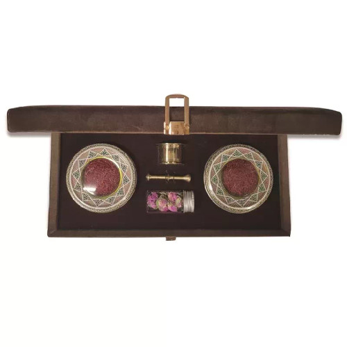 پکیج لوکس اطلس حاوی دو مثقال زعفران سوپر نگین صادراتی و 10گرم گل محمدی همراه با هاون | پکیجینگ لوکس ویژه ادارات